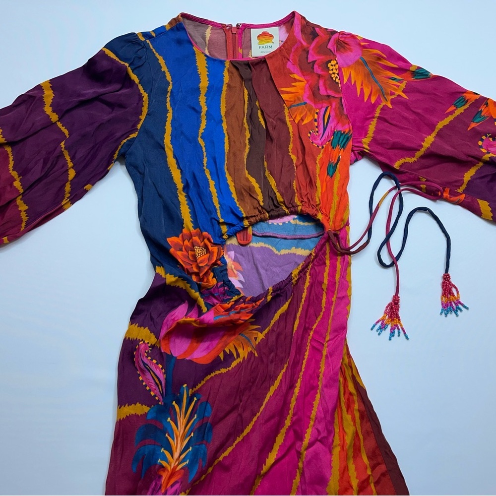 FARM Rio Floral Midi Dress Size XS Long Sleeve Vibrant Red Orange Blue Viscose